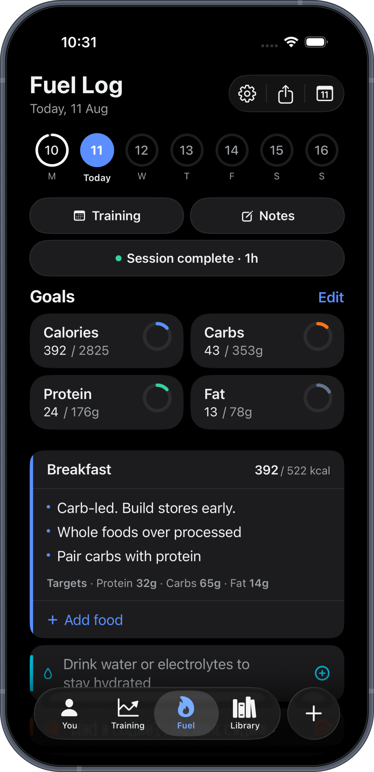 Fuel log — today's session, goals and meals
