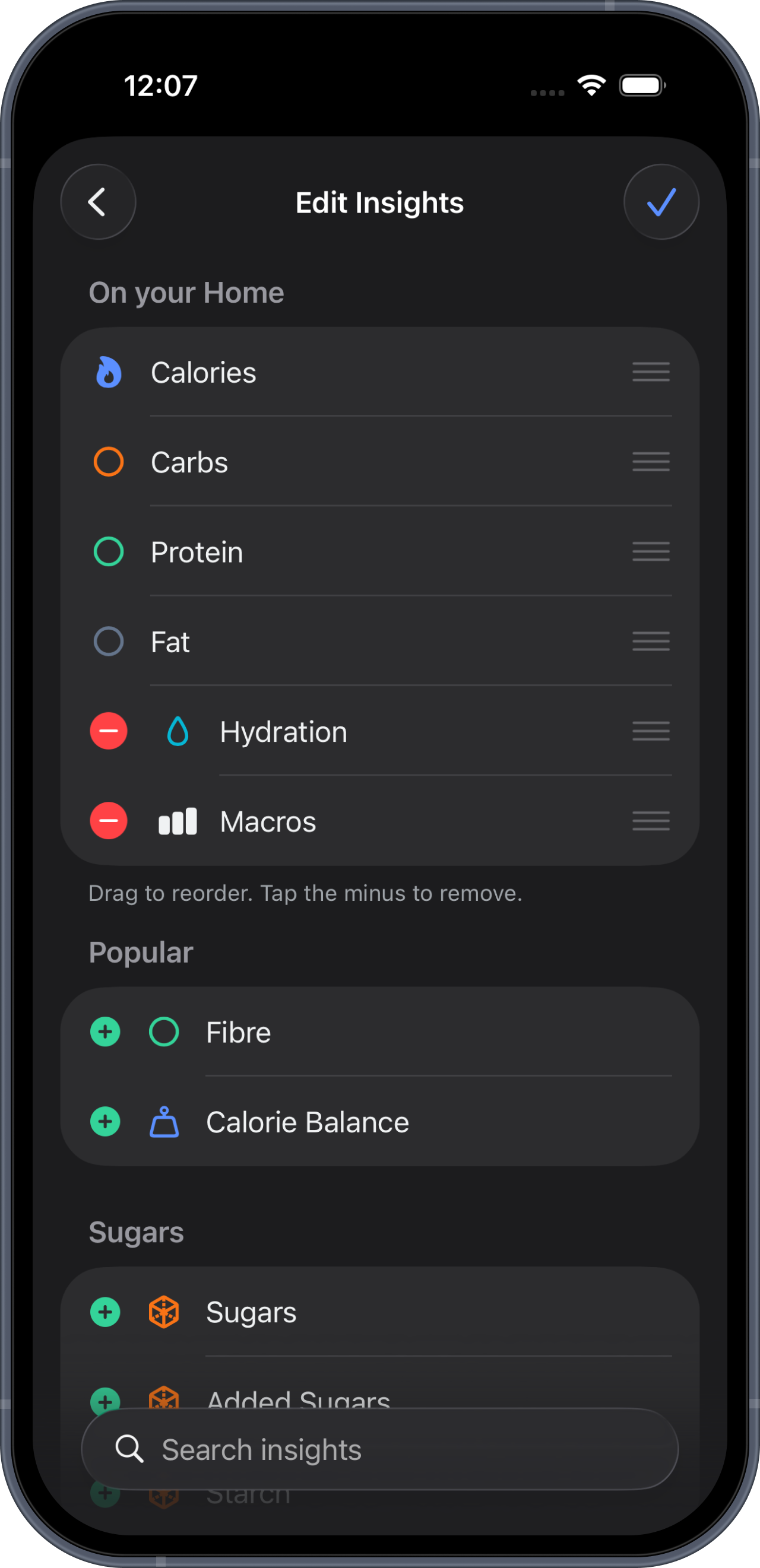 Edit Insights — pin any nutrient to your home