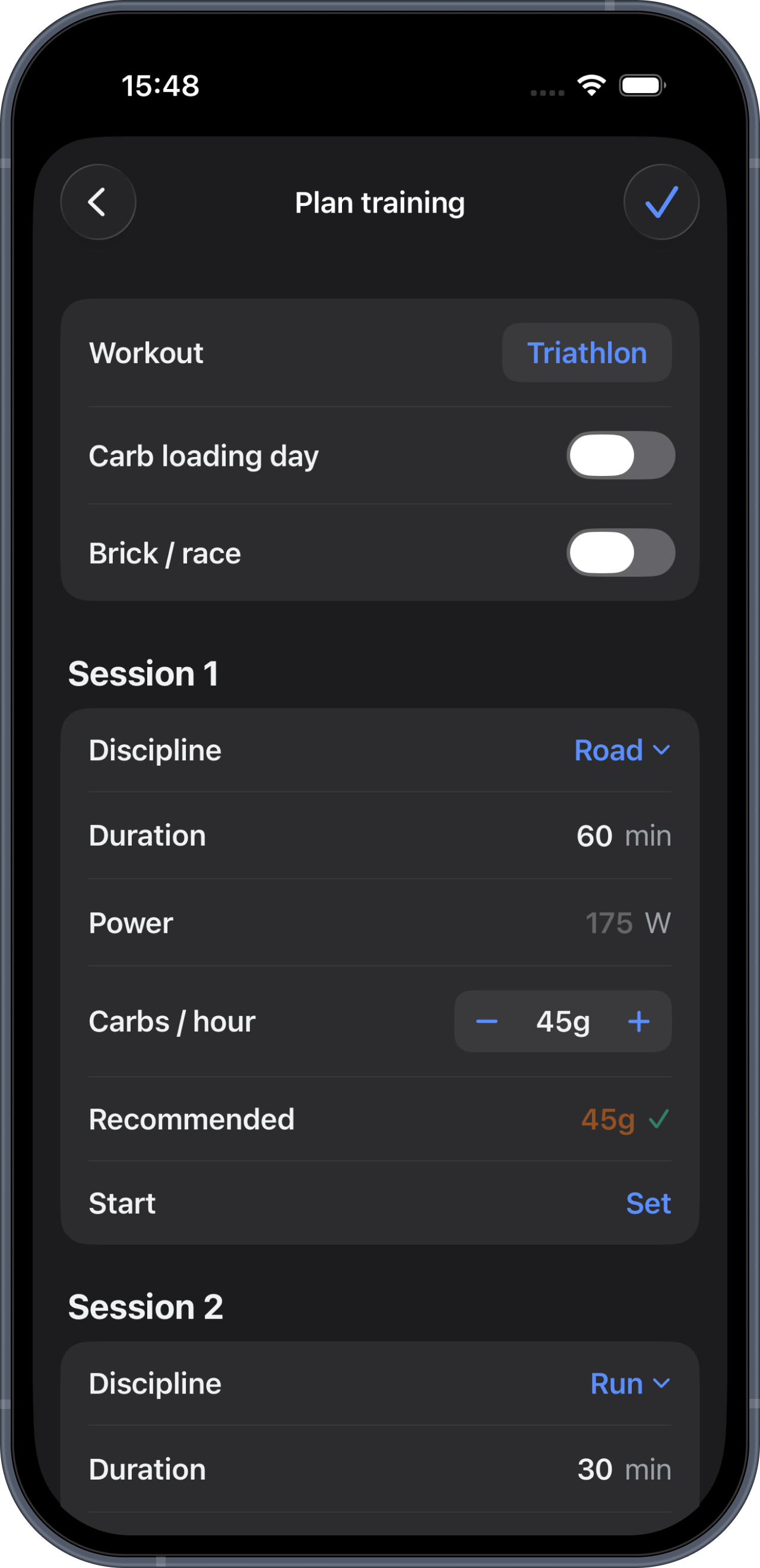 Plan training — a brick session with carbs per hour
