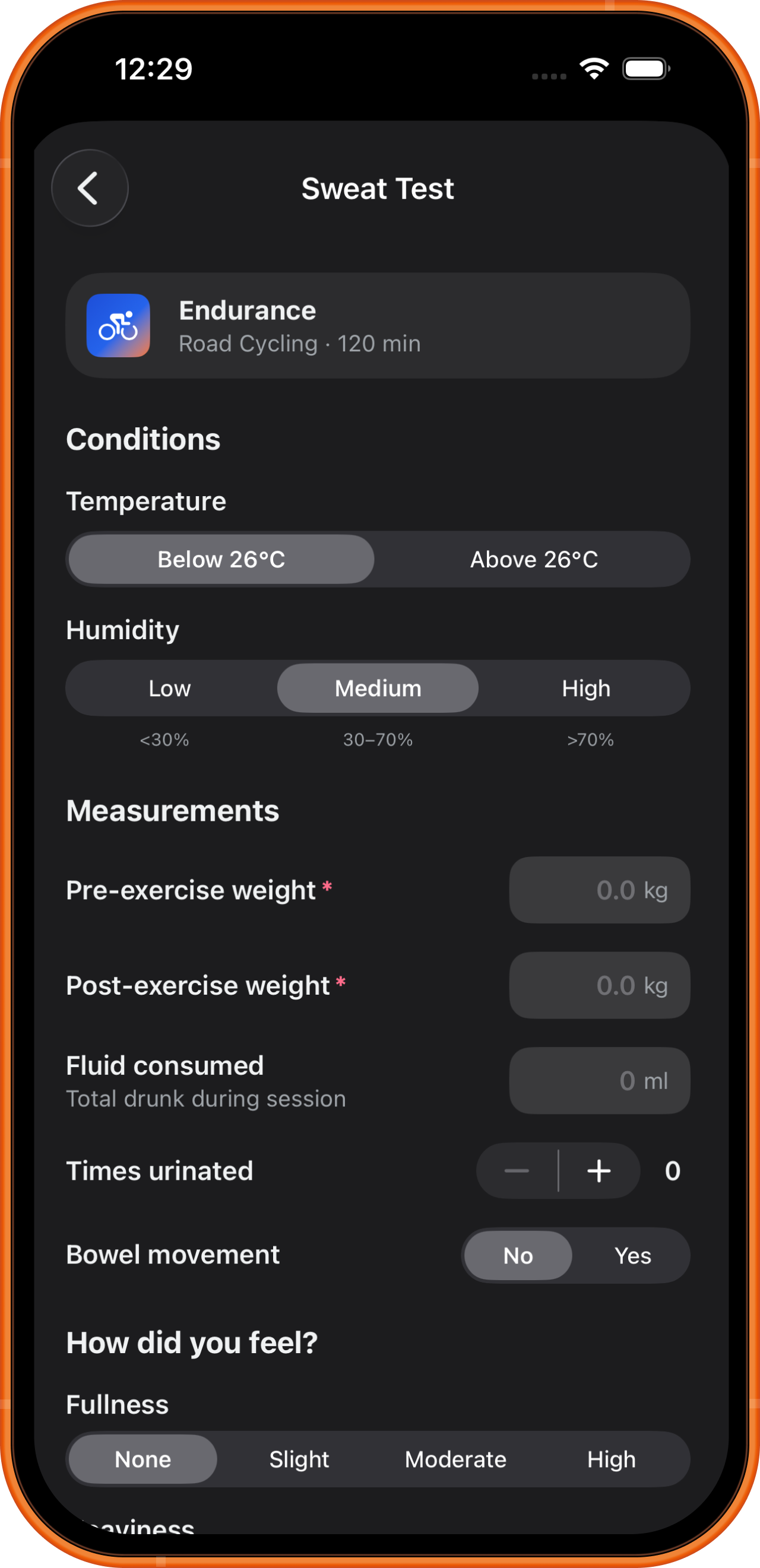 Sweat Test. conditions, pre and post weight, fluid consumed
