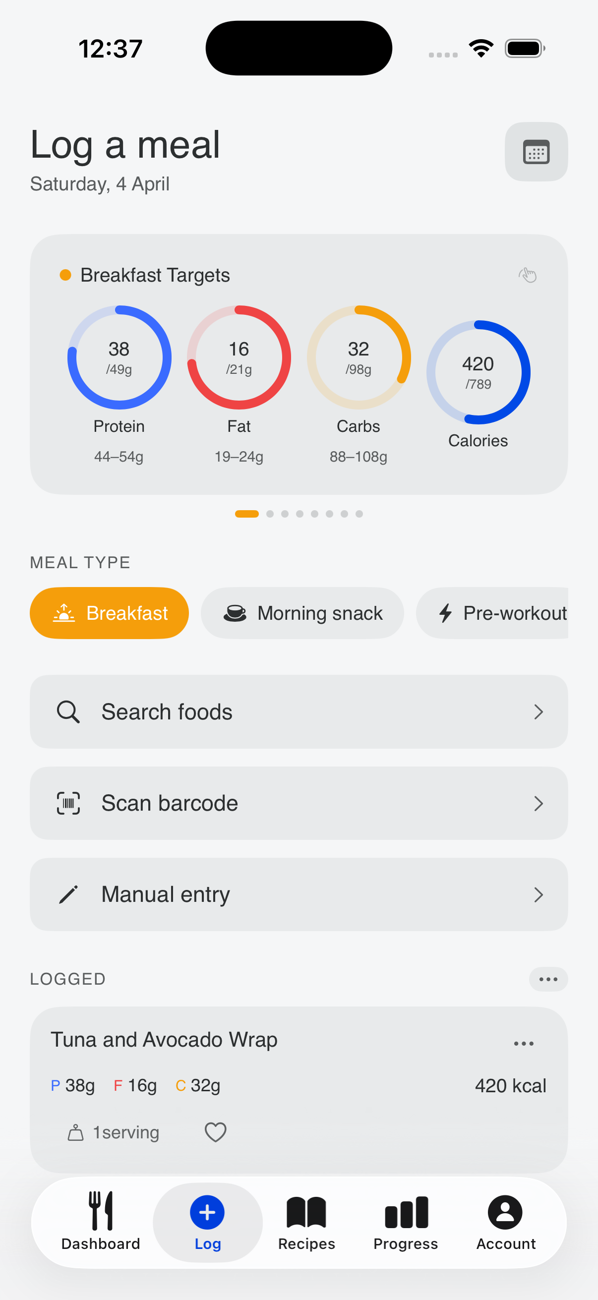 Cadence meal log with macro rings