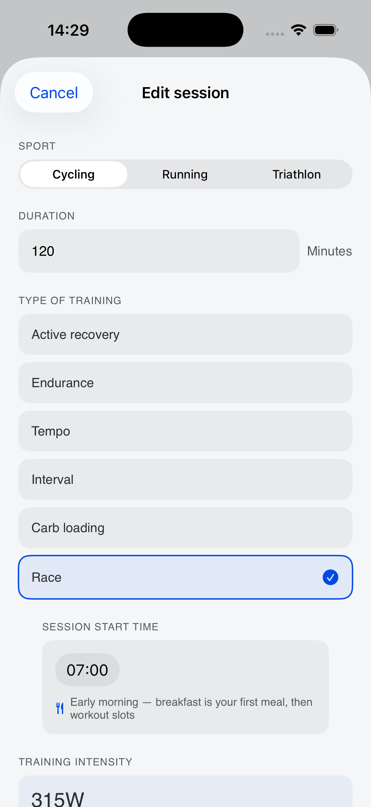 Plan training session
